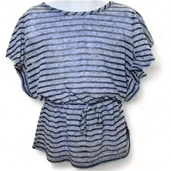 I ❤️Pinc-Girls Grey Striped  Blouse Cinched Waist Front Tie Casual Medium - Picture 1 of 4